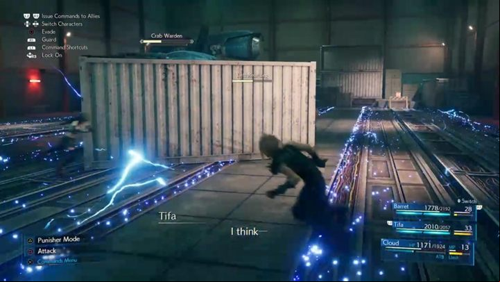 During the third phase of the fight, the boss gets a new attack - he will charge the tracks with electricity - Final Fantasy 7 Remake: Crab Warden boss fight - Bosses - Final Fantasy 7 Remake Guide