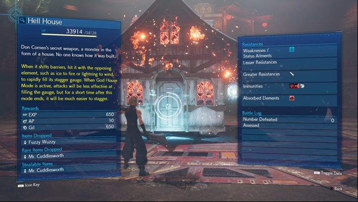 Hell House has 34,128 HP and is vulnerable to Ice Matter - Final Fantasy 7 Remake: Hell House boss fight - Bosses - Final Fantasy 7 Remake Guide