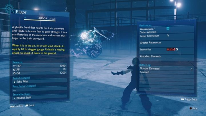 Eligor has 31,220 HP and is vulnerable to ice attacks (Ice matter) - Final Fantasy 7 Remake: Eligor boss fight - Bosses - Final Fantasy 7 Remake Guide