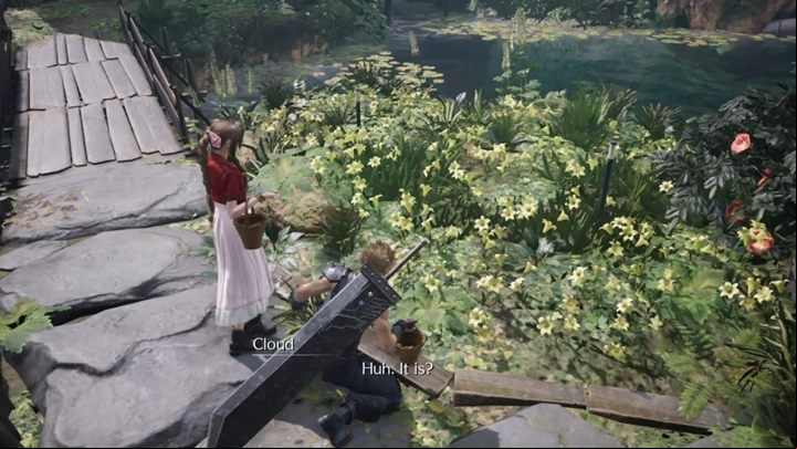 Wait downstairs (or walk around the house) until Aerith comes back with the baskets - Final Fantasy 7 Remake: Budding Bodyguard, walkthrough - Chapters - Final Fantasy 7 Remake Guide