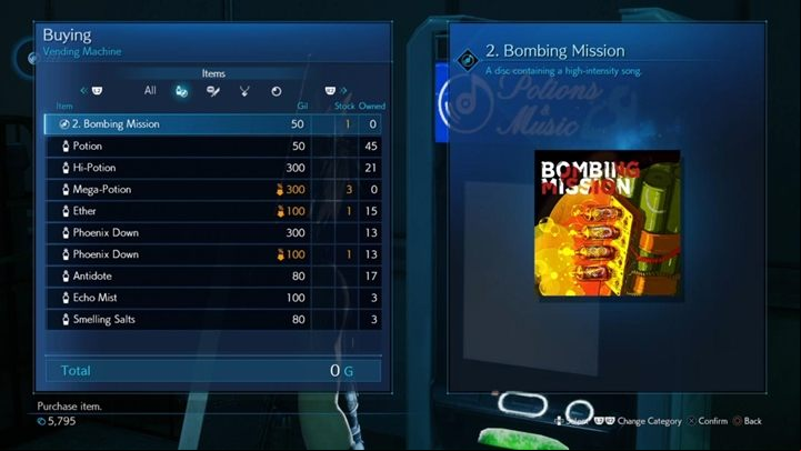 Comment: Purchased in Chapter 8, from the Vending Machine, just before the battle with Airbuster - Final Fantasy 7 Remake: Music Collection - CDs list, how to find all, tips - Secrets, collectibles, additional challenges - Final Fantasy 7 Remake Guide