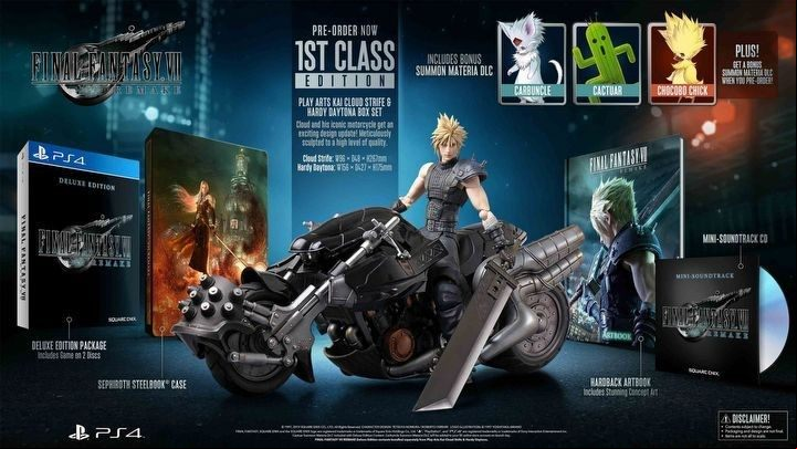 1st Class Edition includes an artbook, a CD with the soundtrack, a steelbook and a figurine of Cloud Strife and his motorcycle - Hardy Daytona - Final Fantasy 7 Remake: Game Editions - Appendix - Final Fantasy 7 Remake Guide