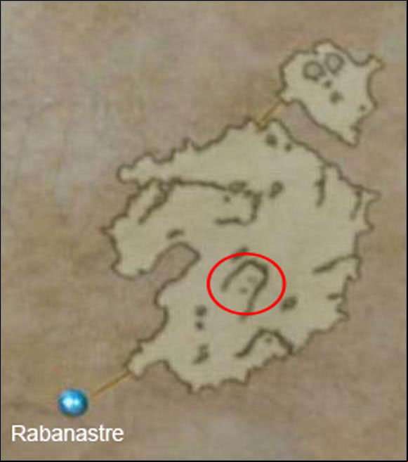 The red circle indicates the whereabouts of Rouge Tomato. The small area to the north is an outpost occupied by people of this dessert. Their village is further north. - Dalmasca Estersand | Part I - Part I - Final Fantasy XII Game Guide