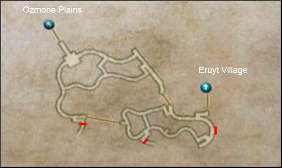 The red lines shows the positions of magic blockades which deny you access to deeper areas. You will be able to go through them but not yet. - Golmore Jungle | Part II - Part II - Final Fantasy XII Game Guide
