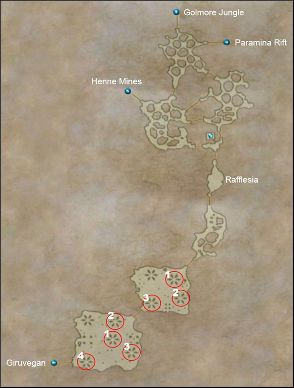 The red circles shows the locations of Feywood glyphs which you have to activate in proper order to be able to go further. - Feywood | Part III - Part III - Final Fantasy XII Game Guide