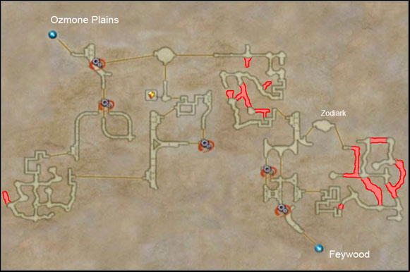 Hidden areas are marked in red - Henne Mines II | Additional Locations - Additional Locations - Final Fantasy XII Game Guide