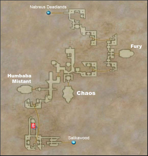 Hidden area is marked in red. Blue circle shows the location of Baknamy Merchants shop. - Necrohol of Nabudis | Additional Locations - Additional Locations - Final Fantasy XII Game Guide
