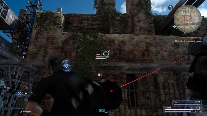 A few skirmishes with guards await you while travelling with Cor - to prioritize snipers over other foes - Chapter 2 - No Turning Back | Main storyline - Main storyline - Final Fantasy XV Game Guide