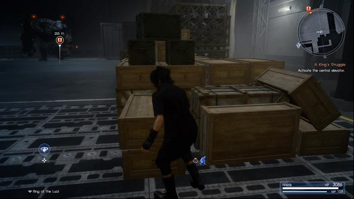 Daemons are patrolling the warehouse - avoid any with them and reach the elevator access key location. - Chapter 13 - Redemption | Main storyline - Main storyline - Final Fantasy XV Game Guide