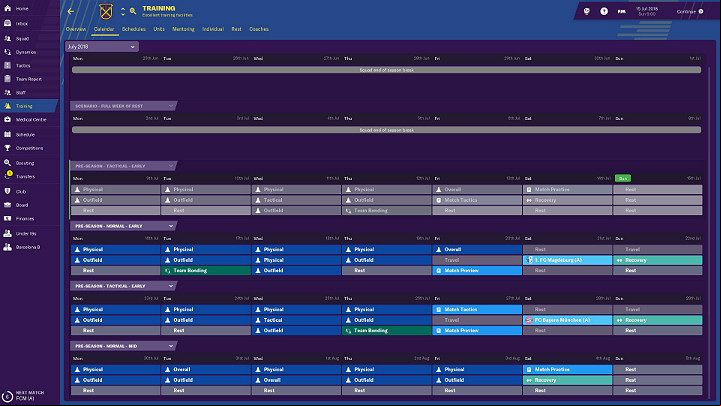 The training calendar has been divided into one-week blocks (schedules), and you can plan 7 training days in each - Training in Football Manager 2018 - Club management - Football Manager 2019 Guide and Tips