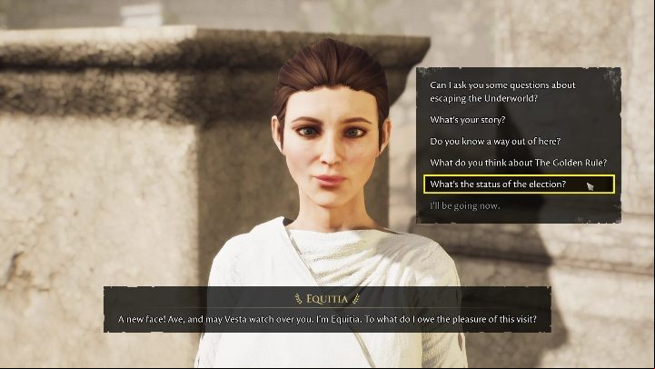 You can start the conversation with her by saying "What's the status of the election - The Forgotten City: Elections - walkthrough - Part 5 - The Forgotten City Guide