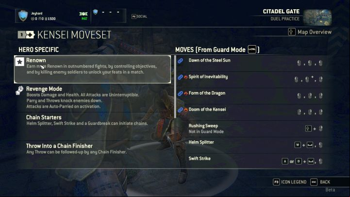 The screen showing the available moves and modifiers of the currently chosen hero. - How to play Kensei? - Samurais - For Honor Game Guide