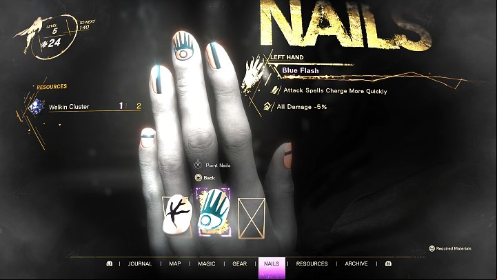 Nail paint can also be counted as an item of equipment, as Frey can paint special patterns on her nails that increase stats and apply various effects - Forspoken: Character Development - Basics - Forspoken Guide