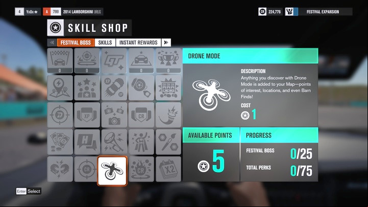 Skill Shop - Drone Mode is the first skill youll have to unlock. - Basic Information | Skills and Experience - Skills and Experience - Forza Horizon 3 Game Guide