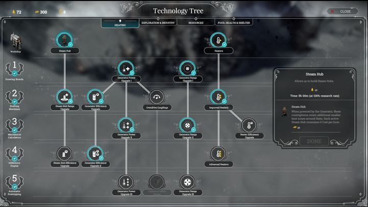This group, as the name suggests, focuses on technologies that allow you to maintain the right temperature in your city - Technologies | Basics - Basic tips - Frostpunk Game Guide