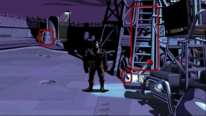 Touch it, and when the alarm goes off, hide in the dark corner on the left, behind the barrels (achievement - Annoyed Floyd) - Help Mo fix the bike | Chapter One Walkthrough - Chapter One | Full Throttle Remastered Walkthrough - Full Throttle Remastered Game Guide