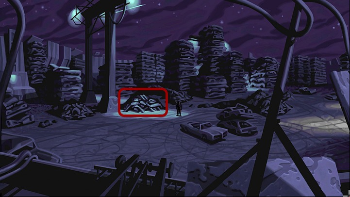 Exit the crane cabin (red arrow leading to the left), and when you are back on the fence, climb or jump down into the junkyard - Help Mo fix the bike | Chapter One Walkthrough - Chapter One | Full Throttle Remastered Walkthrough - Full Throttle Remastered Game Guide