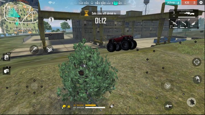 Hiding in a bush can also allow you to survive an encounter with a vehicle. - How to survive with an enemy vehicle in Garena Free Fire? - FAQ - Garena Free Fire Guide