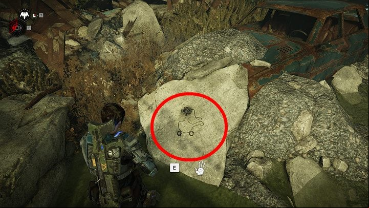 Go around the car from the right and get the collectible - COGS Tags: Minh Young Kim - Act 4 Chapter 1 - Homefront | Gears 5 Walkthrough - Act IV - Gears 5 Guide