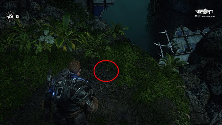 First, step off the path to the left to get your first collectible - Onyx guard unit badge - Act 1 Chapter 1 - Shot in the Dark | Gears 5 Walkthrough - Act I - Gears 5 Guide