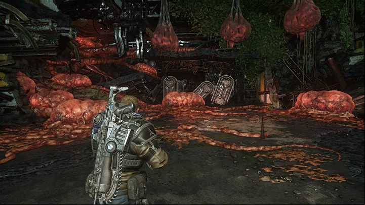 Pulsating red cocoons (both on the ground and those hanging) can be destroyed with weapons - Act 1 Chapter 1 - Shot in the Dark | Gears 5 Walkthrough - Act I - Gears 5 Guide