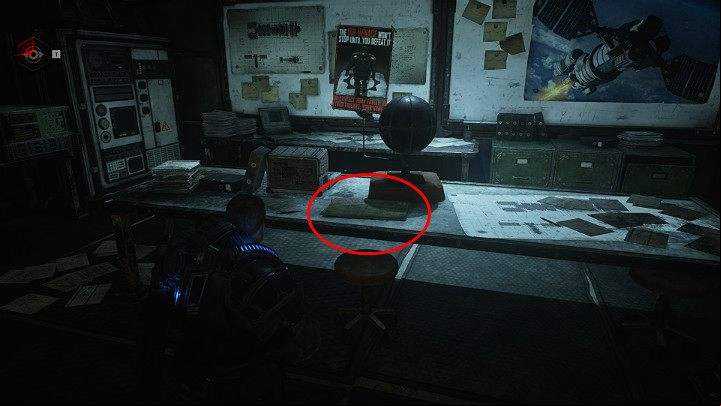 Another collectible is lying on the table - UNR Hammer of Dawn plans - Act 1 Chapter 1 - Shot in the Dark | Gears 5 Walkthrough - Act I - Gears 5 Guide