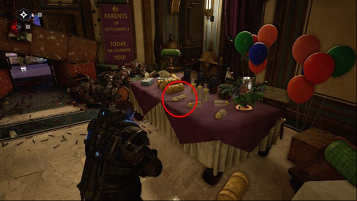 Pick up the collectible lying on one of the tables - A leaflet for summer Settlement - Act 1 Chapter 4 - The Tides Turn | Gears 5 Walkthrough - Act I - Gears 5 Guide