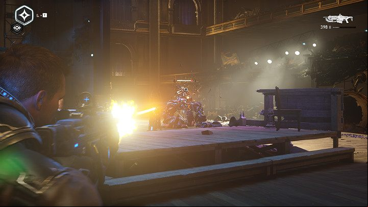 A stronger enemy, equipped with a machine weapon, awaits you behind the curtain - Act 1 Chapter 4 - The Tides Turn | Gears 5 Walkthrough - Act I - Gears 5 Guide