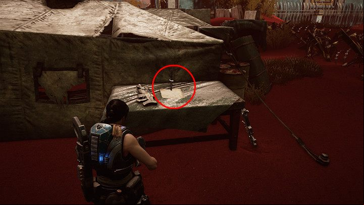 The next collectible lies on the table on the left, next to the tent - Nomads creed - Act 3 Chapter 1 - Fighting Chance | Gears 5 Walkthrough - Act III - Gears 5 Guide