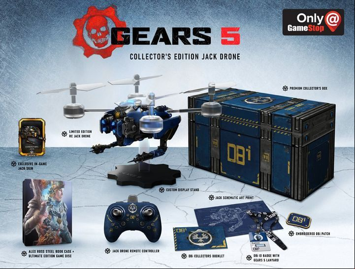 In this release, in addition to the game you will find: flying replica of Jack, a remote controller, collectors box, custom display stand, exclusive in-game Jack skin, embroidered DBi patch, DBi collectors booklet, DBi ID badge with Gears 5 lanyard, Jack schematic art print, Alex Ross stee - Gears 5 Guide