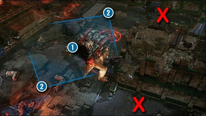 Try to keep Brumak in the center of the map (span class=wcn1/span) and your soldiers on opposite sides (span class=wcn2/span). Dont set your people in the narrow ends of the map (span class=wcbred X symbols/span). Your soldiers will have difficulty keeping distance. - Gears Tactics: Brumak boss fight walkthrough - Bosses - Gears Tactics Guide