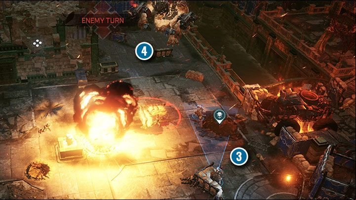 Enemy reinforcements will often appear on the map. If any e-holes appear (span class=wcn3/span), secure the place and use explosives to close it as soon as possible. Try to draw Brumak away from the corners of the map (span class=wcn4/span). - Gears Tactics: Brumak boss fight walkthrough - Bosses - Gears Tactics Guide