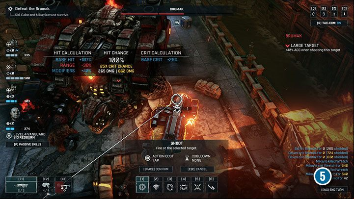 While attacking the boss, start by destroying the guns mounted on Brumaks arms. The boss wont be able to use them ever again. Guns remain active even when they have 1 health point left. - Gears Tactics: Brumak boss fight walkthrough - Bosses - Gears Tactics Guide