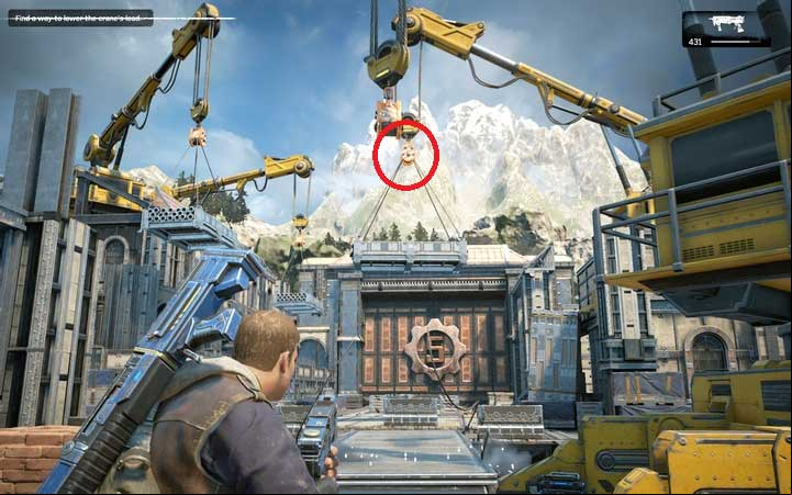 Climb to the upper floor and shoot down the pulley of the crane to form a bridge - Act 1:3 - New Friends | Walkthrough - Walkthrough - Gears of War 4 Game Guide