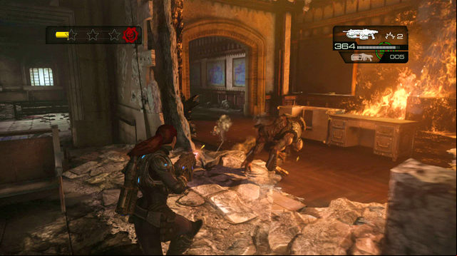 There is a declassified mission symbol on the right wall at the top of the stairs - Monroe Commons - Halvo Bay Military Academy - Gears of War: Judgment - Game Guide and Walkthrough