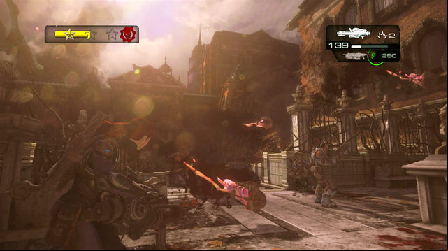 After getting to the courtyard (do not forget to take Gatling gun with you, if you have any ammo left), take cover behind concrete benches on the left - Monroe Commons - Halvo Bay Military Academy - Gears of War: Judgment - Game Guide and Walkthrough