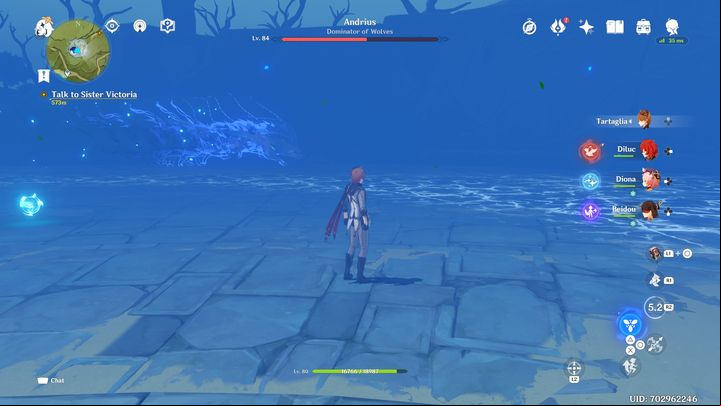 After depleting his HP to about 60%, the boss will start running around, dimming the arena - Genshin impact: Andrius, Wolf of the North - boss; how to beat? - Bosses - Genshin Impact Guide