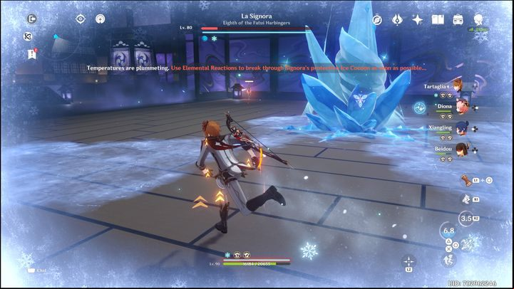 When you significantly lower La Signora's health, she will use Cryo to shield herself - Genshin Impact: How to beat La Signora boss? - Bosses - Genshin Impact Guide