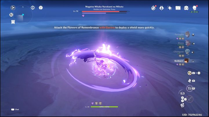 The most dangerous attack of the boss in this form is summoning a large hand wielding a sword - Genshin impact: How to beat Raiden Shogun boss? - Bosses - Genshin Impact Guide