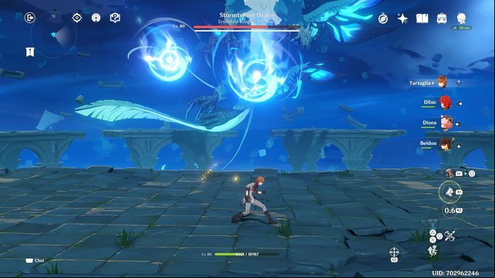 Before the boss begins to roar, creating an icy aura, he might shoot two projectiles up to two times - Genshin Impact: How to beat Stormterror Dvalin boss? - Bosses - Genshin Impact Guide