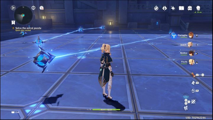 Once you have linked the mechanisms with the laser horizontally, go up near the center - Genshin Impact: Summertime Odyssey (event) - walkthrough - Events - Genshin Impact Guide