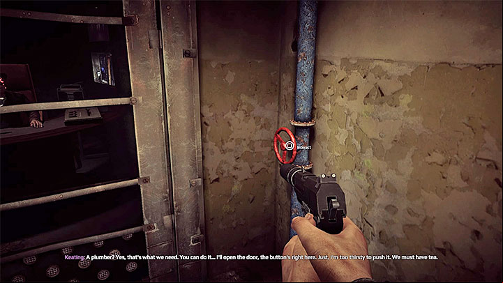 In this puzzle you must make water to start running in Keatings room which is done by interacting with nearby valves in a certain way - Exploration of building C | Black | Walkthrough - Black - Get Even Game Guide