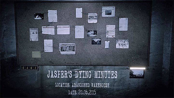 The evidence board for Jaspers Dying Minutes memory is presented in the picture above - Jaspers Dying Minutes | Hidden memories - Hidden memories - Get Even Game Guide