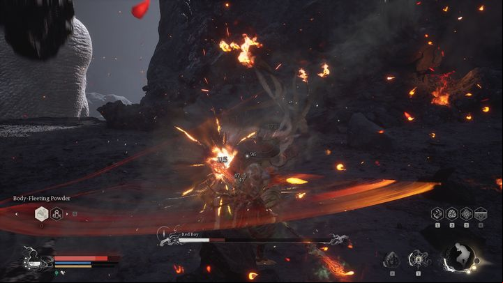 In the second phase, you will need to pay attention to where you move, as the arena will often be on fire - Black Myth Wukong: How to defeat the Red Boy boss? - Chapter 5 - Black Myth Wukong Guide