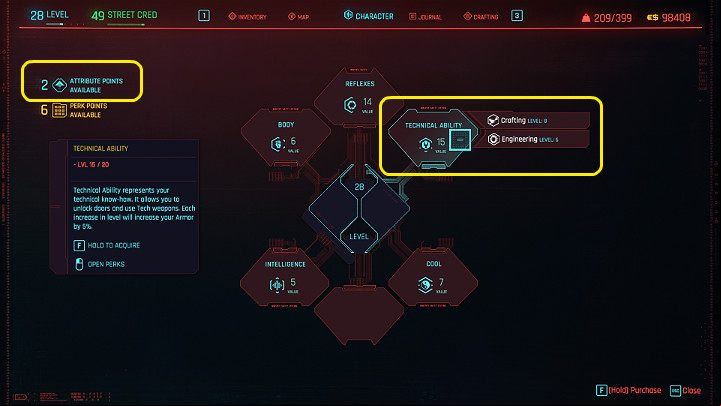 You can allocate the attribute points you've obtained in the character tab of the game's main menu - Cyberpunk 2077: How to spend attribute points? - V - main character - Cyberpunk 2077 Guide