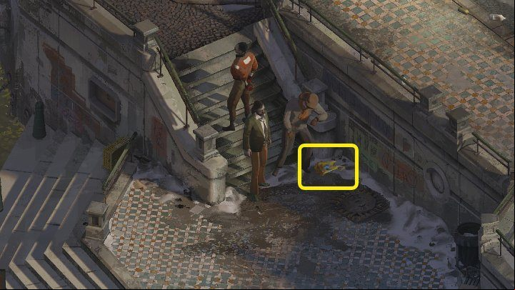 Exit the hotel, walk past the bookstore, and head to the location shown in the image above - Disco Elysium: How to get Yellow Plastic Bag? - FAQ - Disco Elysium Guide