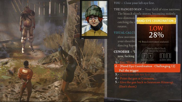 Already at an early stage of gameplay, you can try your aim and take a shot from Kim's weapon in order to lower the body of the hanger to the ground - Disco Elysium: Are there any firearms in the game? - FAQ - Disco Elysium Guide