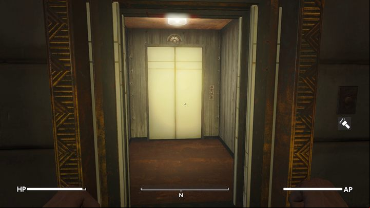 Many players' instinct may be to head for the elevator shaft at the end of the room, just below the illuminated square and comes symbol - Fallout London: How to escape the facility? - Transition description - Fallout London Guide