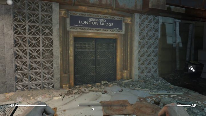 Standing next to the fountain, turn towards the illuminated symbol - Fallout London: How to escape the facility? - Transition description - Fallout London Guide