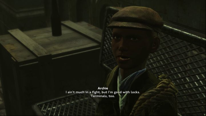 Return to the small dock where the Ferryman and Archie are waiting - Fallout London: Where to find Archie in Rotherhithe (Lands of the Seraph quest)? - Transition description - Fallout London Guide